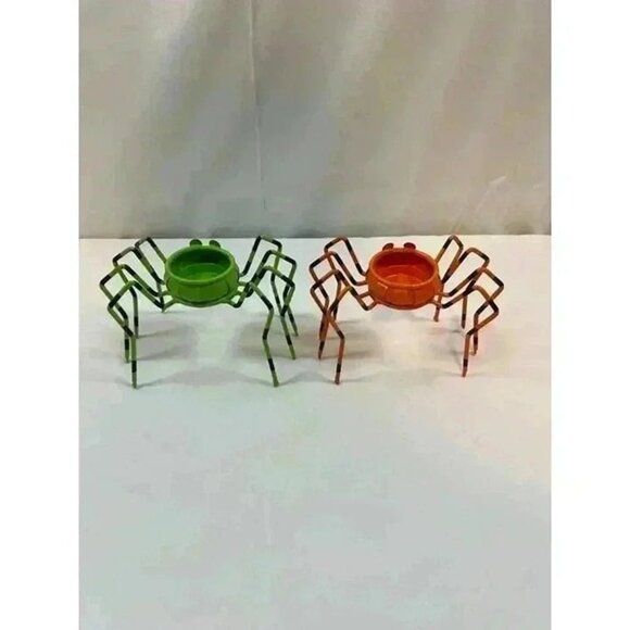 HALLOWEEN METAL SPIDER T-LITE CANDLE HOLDERS‎ GREEN ORANGE SET OF TWO - Picture 4 of 8